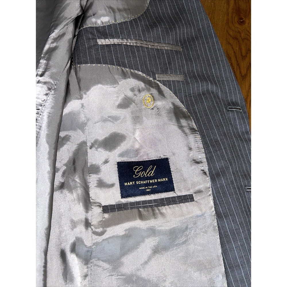 Hart Schaffer Marx "Gold" Light Blue Pinstriped Gray Blazer For Belk 44R - Picture 6 of 16